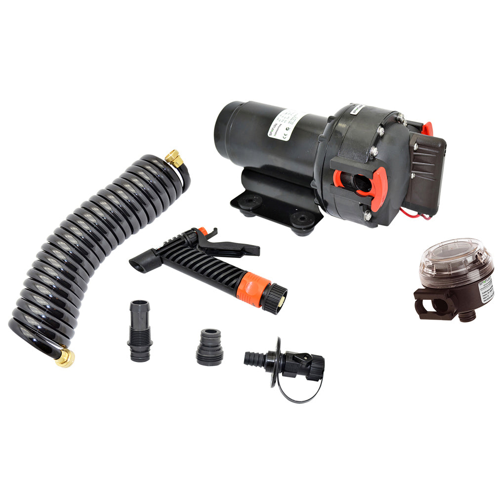 Johnson Pump Aqua Jet 5.2 GPH washdown pump kit with hose, 12V marine pressure pump for water cleaning and management.