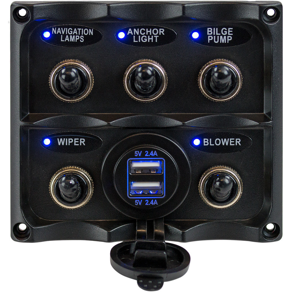 SeaDog Water Resistant Toggle Switch Panel wUSB Power Socket  5 Toggle 4246171